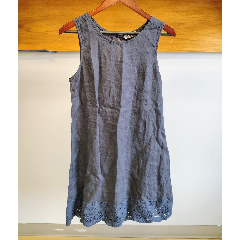 100% Linen Terzo Millennio Blue/Navy  Cotton A-Line Short Dress XS Eyelet Button